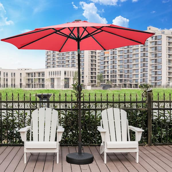 Marina Red 9 ft. Market Solar Powered LED Lighted Tilt Patio Crank Umbrella