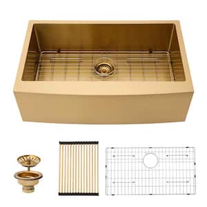 36 in. Farmhouse/Apron-Front Single Bowl 16-Gauge Gold Stainless Steel Deep Kitchen Sink with Bottom Grids