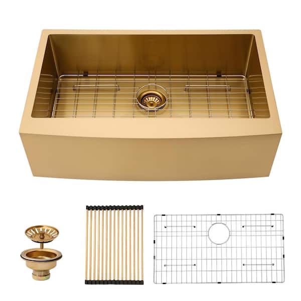 Sarlai 36 in. Farmhouse/Apron-Front Single Bowl 16-Gauge Gold Stainless Steel Deep Kitchen Sink with Bottom Grids