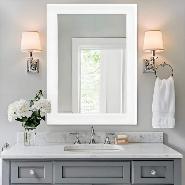 30 in. W x 40 in. H Simple Rectangular White Wood Frame Bathroom Mirror Vanity Mirror Wall Mirror/Floor Mirror
