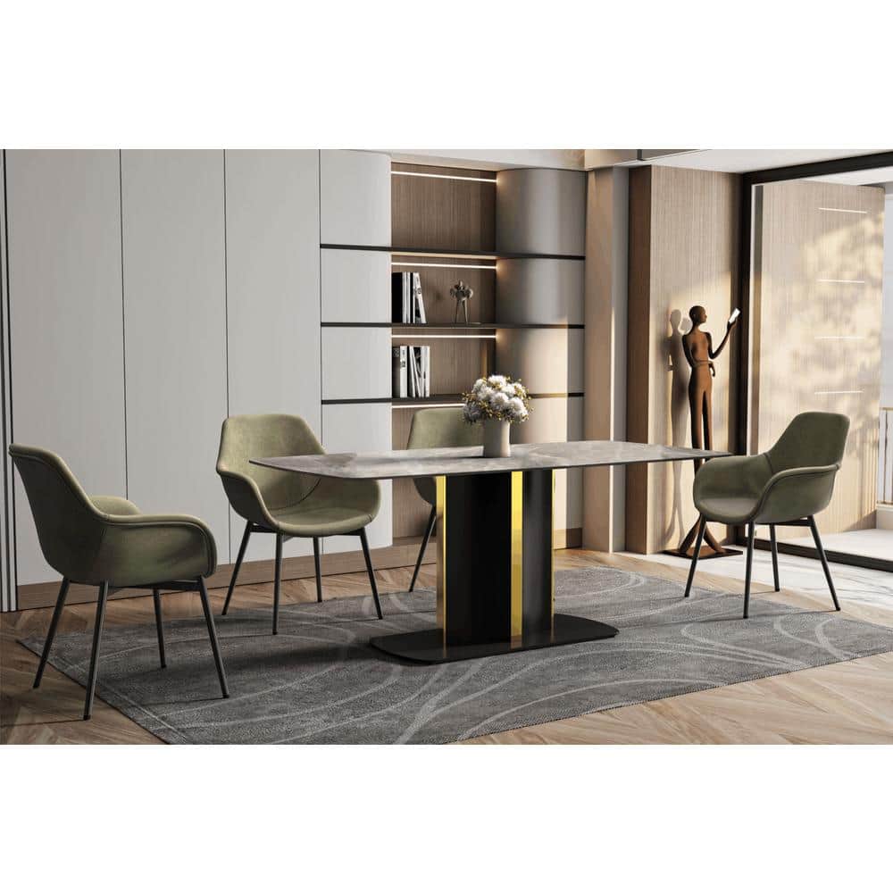 Sylva 71" Deep Grey Glass Dining Table with Black and Gold Pedestal Base