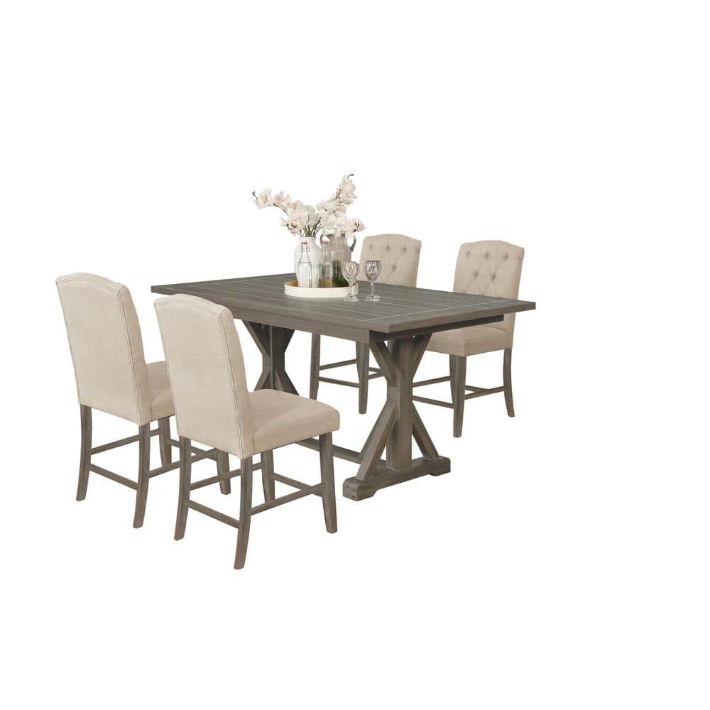 5-Piece Gray Counter Height Dining Set with Beige Linen Chairs