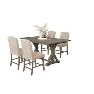 Gilberta 5-Piece Counter Height Wood Top Dining Set with Beige Linen Fabric.