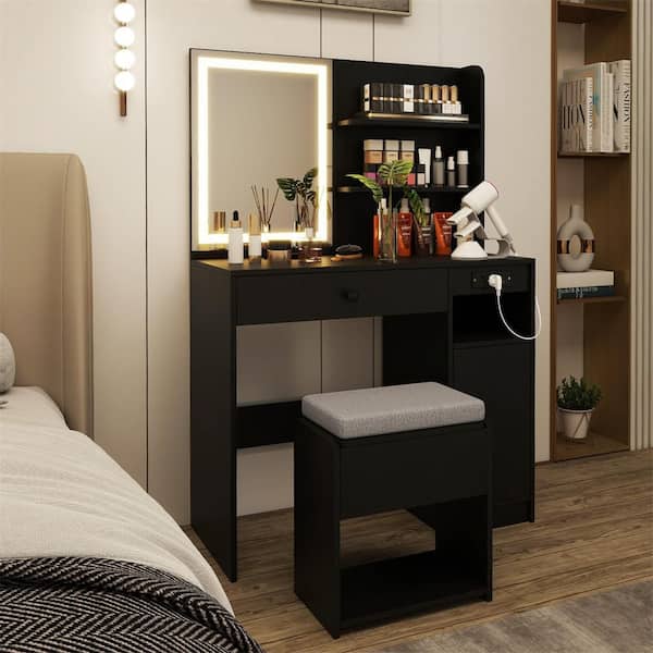 2-Piece Black Makeup Vanity Set with Mirror and Lights Power Outlet Cushioned Stool Drawer and Shelves