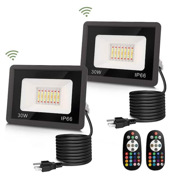 30 Watt 950 Lumen Black Plug-in RGB Integrated LED Flood Light, Outdoor Security Light with Dusk to Dawn Sensor