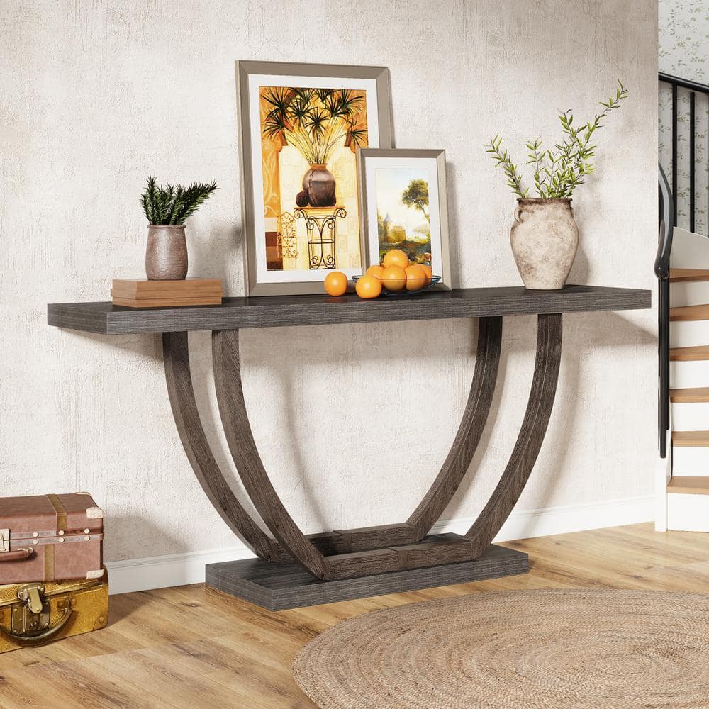 Gray 63-Inch Farmhouse Wood and Metal Console Table with Storage