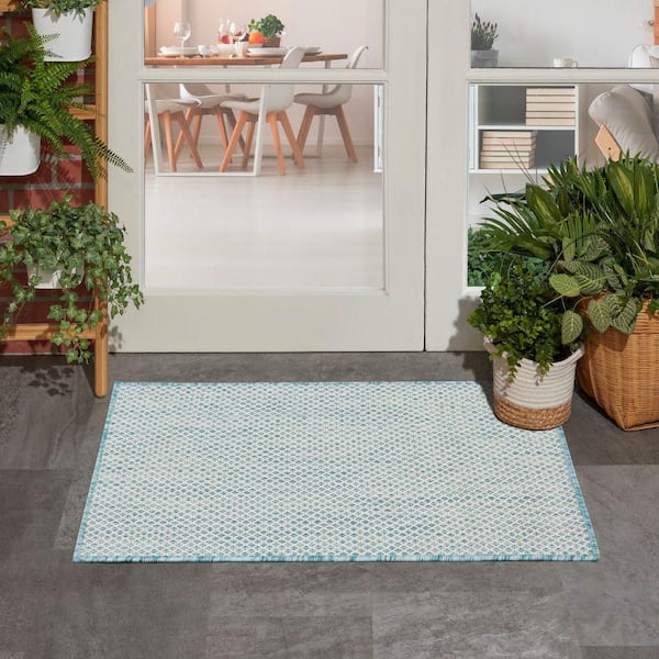 Courtyard Ivory Aqua doormat 2 ft. x 3 ft. Geometric Contemporary Indoor/Outdoor Patio Kitchen Area Rug