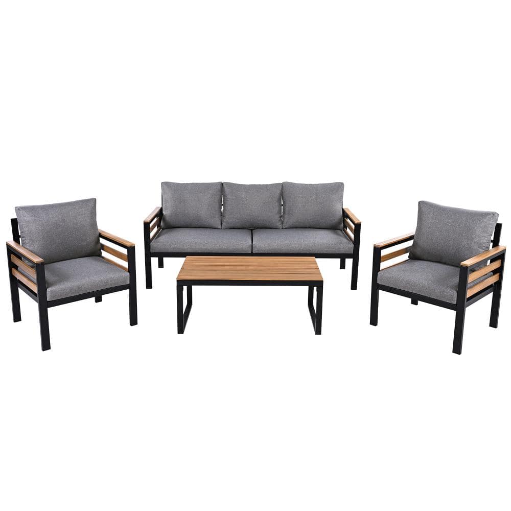 4-Piece Outdoor Furniture Sofa Set, Patio Conversation Set with Acacia Wood Armrests & Solid Wood Coffee Table, Gray price history on PriceWatchPro