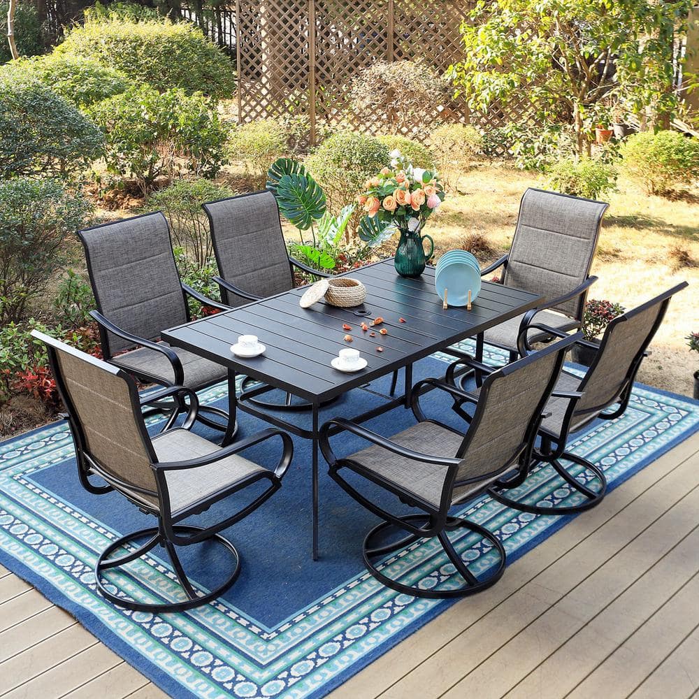 PHI VILLA Black 7-Piece Metal Outdoor Patio Dining Set with Rectangle ...