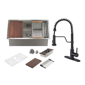 30 in. Undermount Single Bowl 16 Gauge Nano Brushed Stainless Steel Workstation Kitchen Sink with Faucet and Accessories