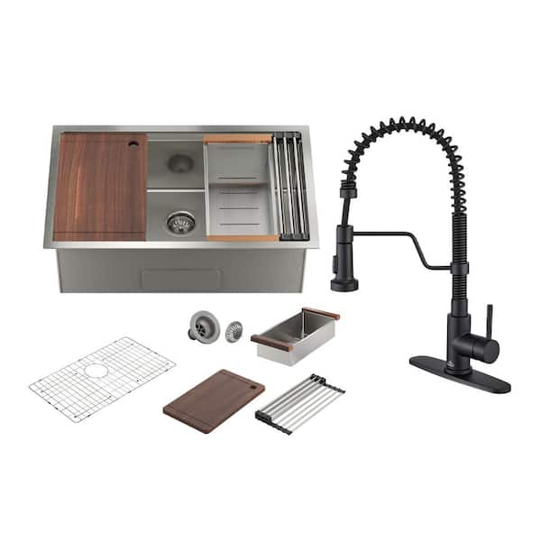 CASAINC 30 in. Undermount Single Bowl 16 Gauge Nano Brushed Stainless Steel Workstation Kitchen Sink with Faucet and Accessories