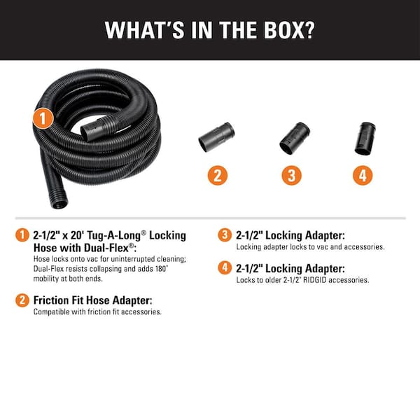 2-1/2 in. x 20 ft. DUAL-FLEX Tug-A-Long Locking Vacuum Hose for RIDGID  Wet/Dry Shop Vacuums