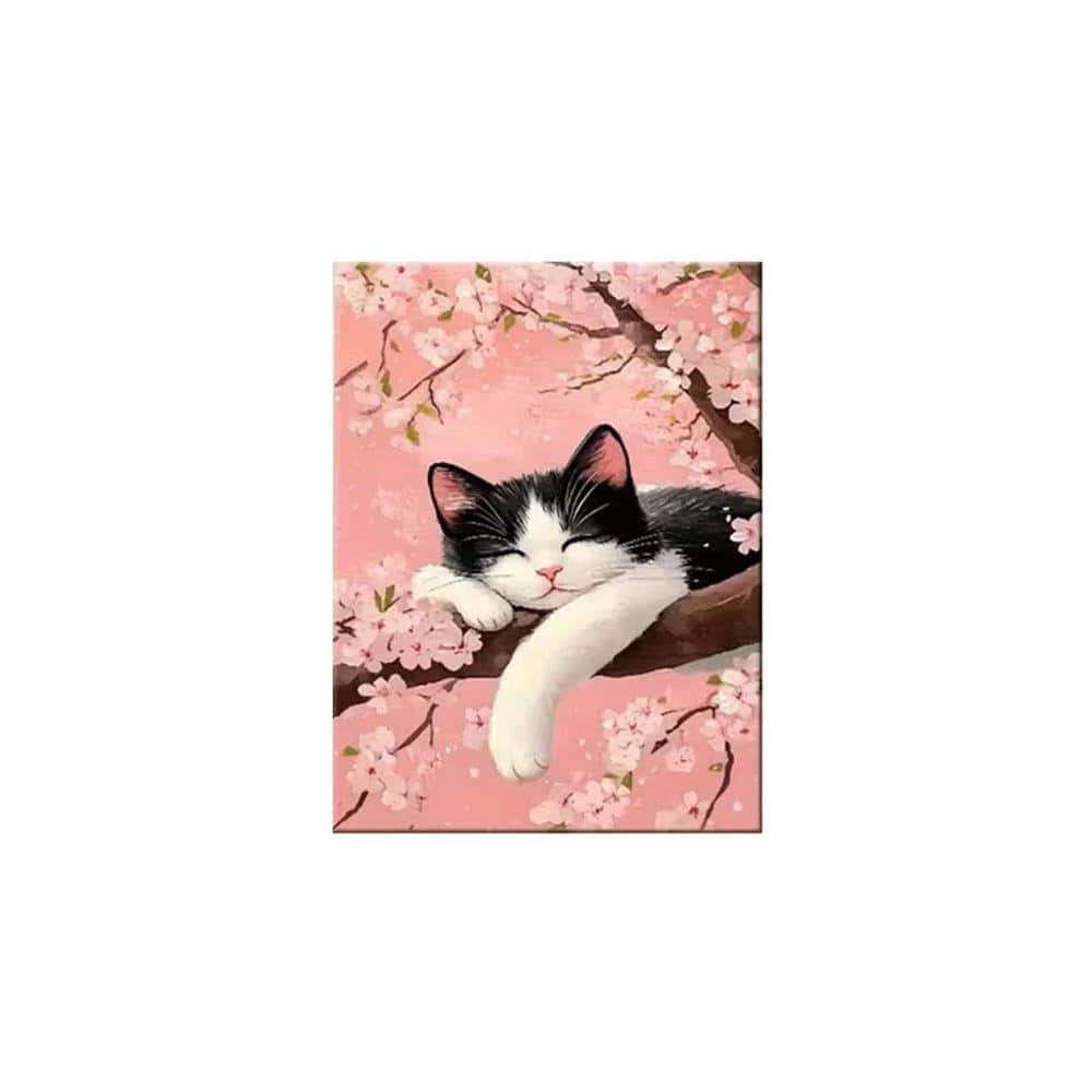 Cherry Blossom Tree and Sleeping Cat Canvas Art Print 24 x 36 in
