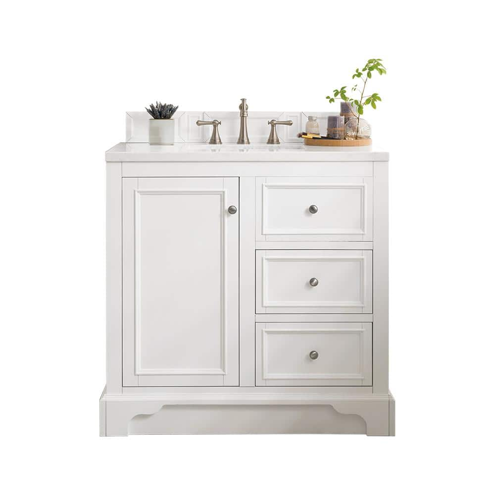 De Soto 37.3 in. W x 23.5 in.D x 36.3 in.H Single Bath Vanity in Bright White w/ Solid Surface Vanity Top in Arctic Fall -  James Martin Vanities, 825V36BW3AF