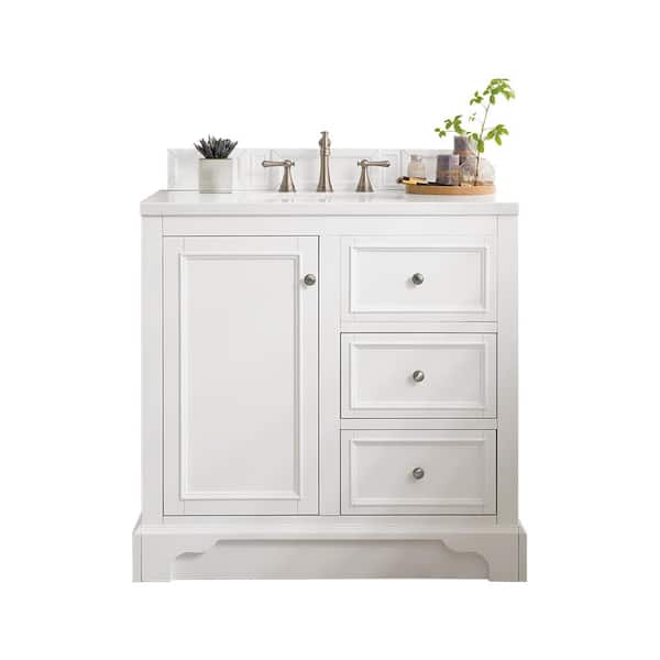James Martin Vanities De Soto 37.3 in. W x 23.5 in.D x 36.3 in.H Single Bath Vanity in Bright White w/ Solid Surface Vanity Top in Arctic Fall