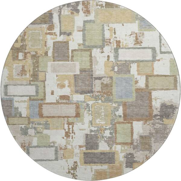 Mayfield Premium Machine Washable Abstract AMF2246 Ivory 8 ft. x 8 ft. Round Rug
