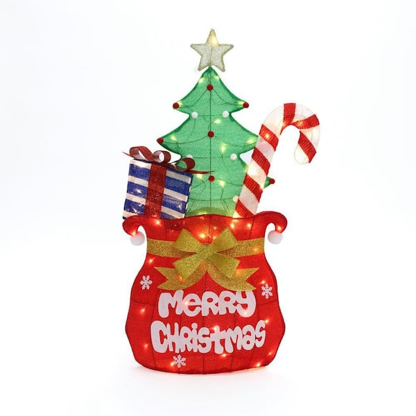42 in. Lighted Santa's Gift Pack Outdoor Christmas Decoration, Red Fabric Holiday Yard Display