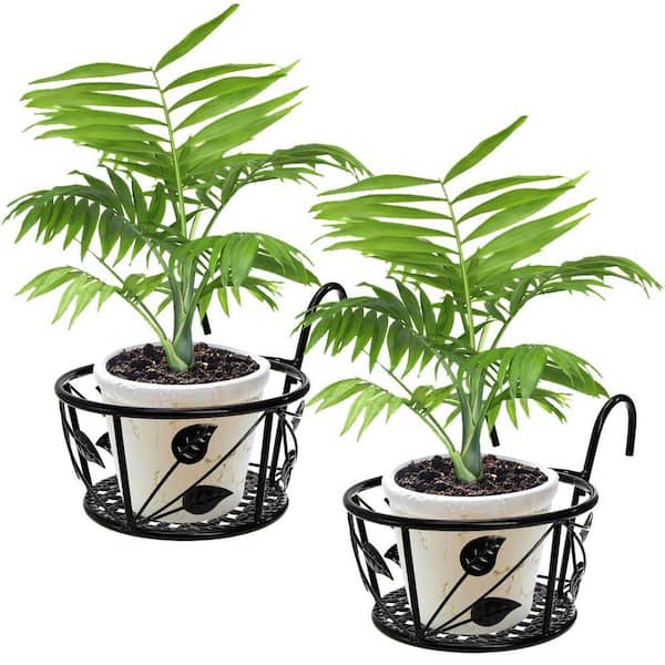 Black Metal Railing Planter Brackets, Hanging Flower Basket Holder for Porch Balcony Deck Fence Stair Rail (2-Pack)