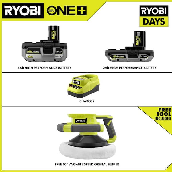 ONE+ 18V HIGH PERFORMANCE Kit w/ 4.0 Ah Battery, 2.0 Ah Battery, Charger, & FREE ONE+ Cordless Random Orbit Buffer