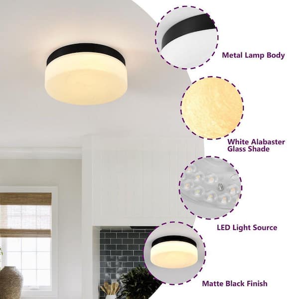 GMGSROM 11.4 in. LED Black Flush Mount With Cloudy Glass Shade