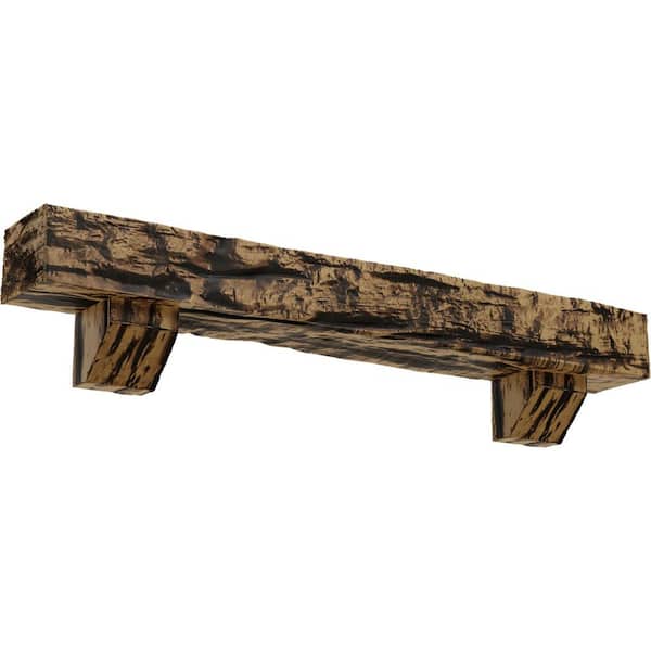 Ekena Millwork 6 in. x 10 in. x 4 ft. Riverwood Faux Wood Fireplace Mantel Kit, Ashford Corbels, Natural Golden Oak