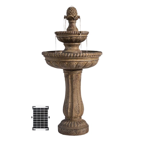 39 in. H Solar Powered Sand Stone Resin Outdoor 2-Tiered Fountain with Freestanding Bird Bath Design