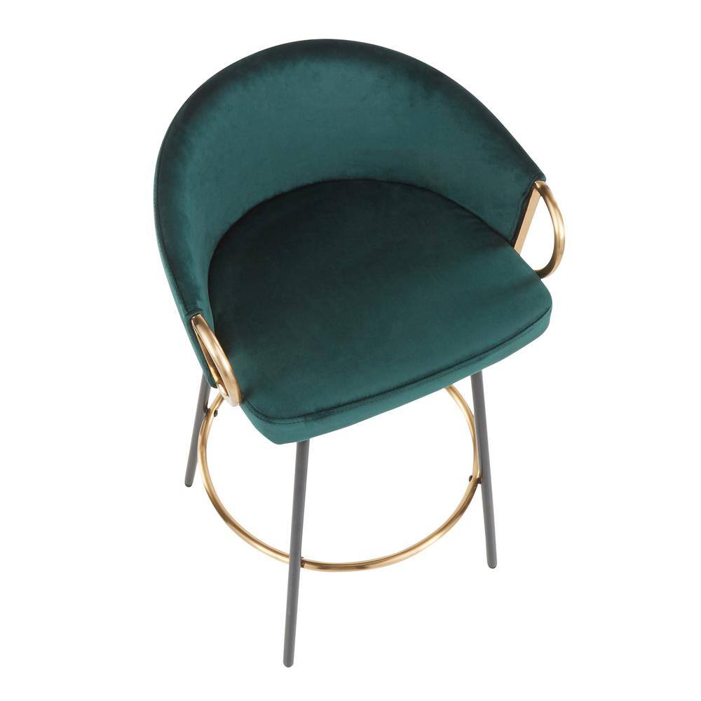 Emerald Green Velvet and Gold Metal Swivel Counter Stools, Set of 2