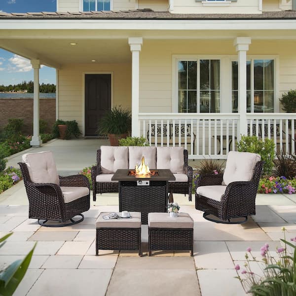 moosprr 6-Piece Brown Wicker Fire Pit Conversation Set with Olefin Beige Cushions and Curved Arm Swivel Glider Chairs