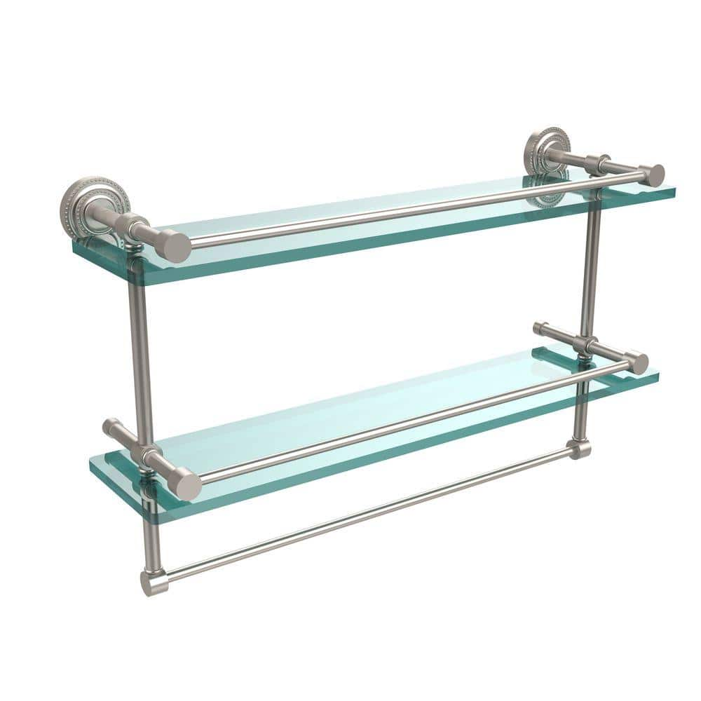 Allied Brass Dottingham 22 in. L x 12 in. H x 5 in. W 2-Tier Gallery Clear Glass Bathroom Shelf with Towel Bar in Satin Nickel