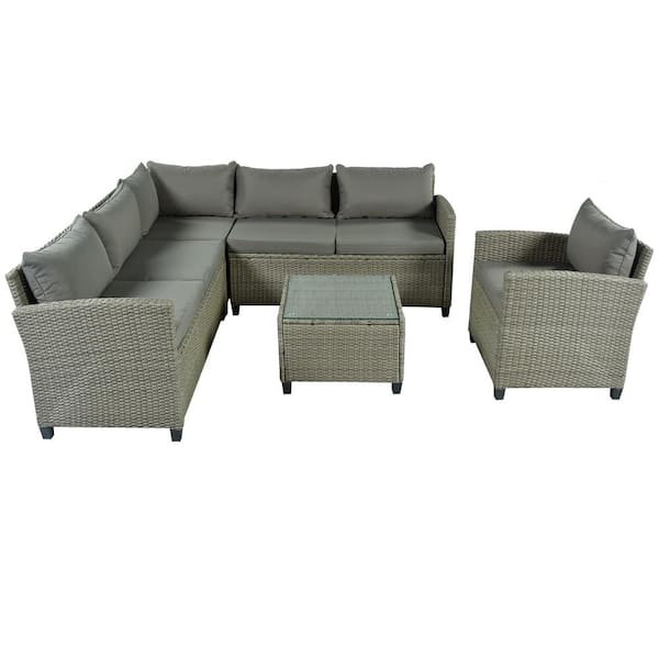 Willit 5-Piece Wicker Patio Conversation Sectional Seating Set with Gray Cushions