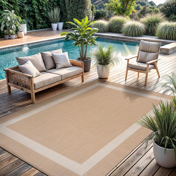 Summer Natural 10 ft. x 14 ft. Bordered Indoor Outdoor Area Rug