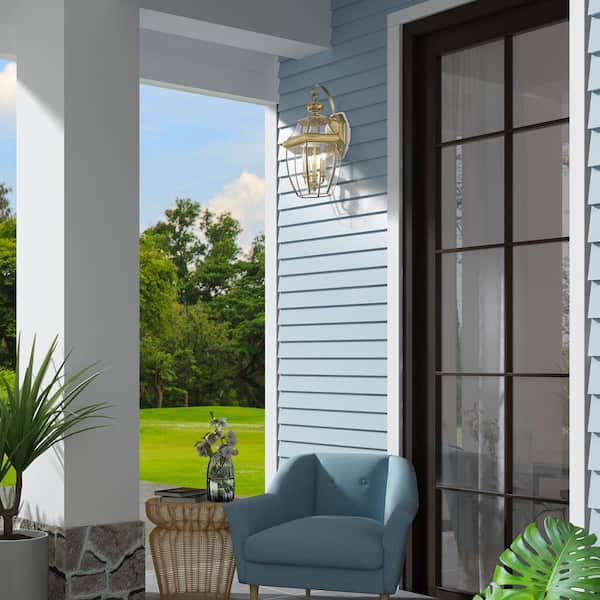 Aston 22.5 in. 3-Light Antique Brass Outdoor Hardwired Wall Lantern Sconce with No Bulbs Included