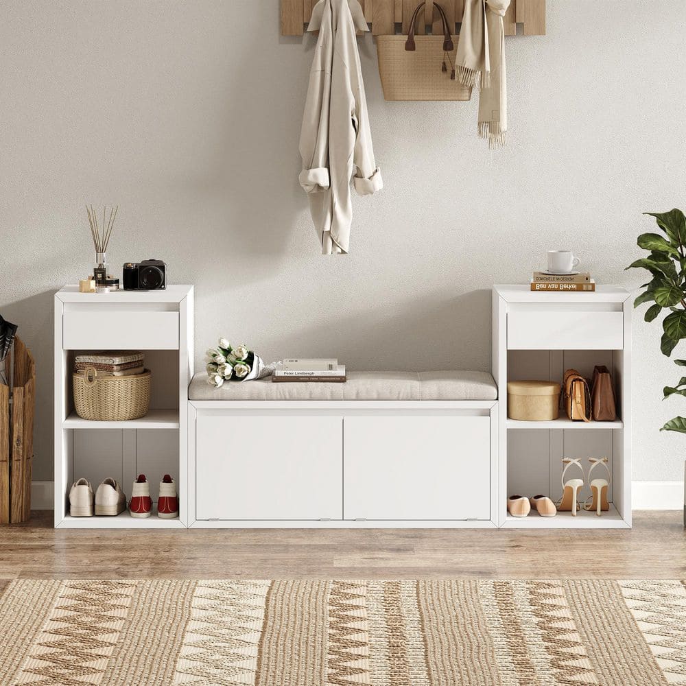Versatile 77.48 in. White Wooden Entryway Storage Bench with Drawers, Open Shelves and Flip-Top Compartments