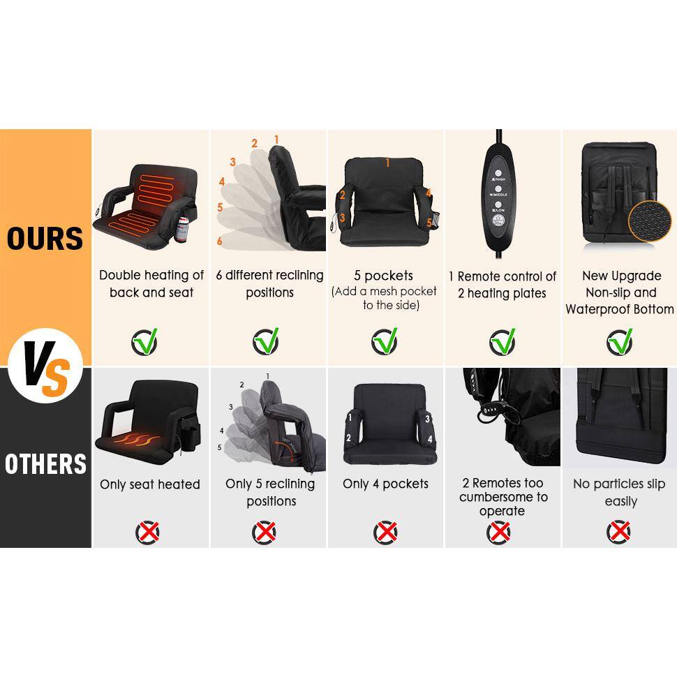 Black Heated Portable Stadium Seats with Back Support and Pockets, 25 in.
