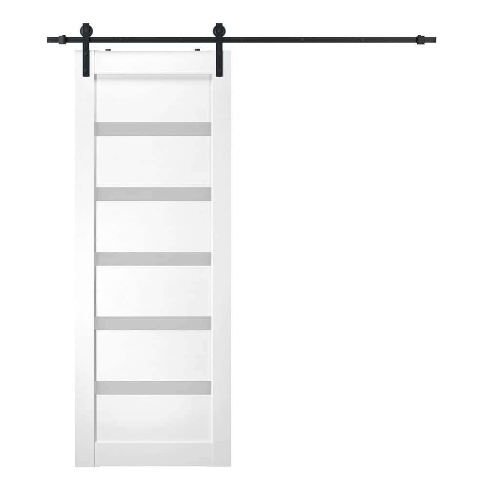 Leora 36 in. x 80 in. 5-Lite Frosted Glass Bianco Noble Wood Composite Sliding Barn Door with Hardware Kit price history on PriceWatchPro