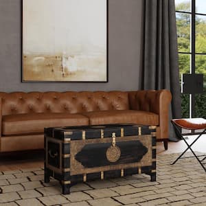 Nador 32 in. W Brown Rectangular Hand-Painted Wood and Brass Inlay Storage Trunk Coffee Table