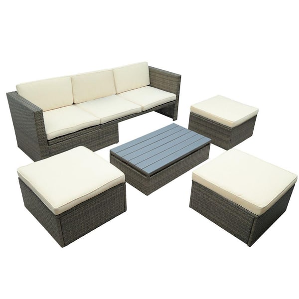 Benjara Gray 5-Piece All Weather Wicker Outdoor Reclining Sectional Sofa Set with Beige Cushions and Lift Top Table