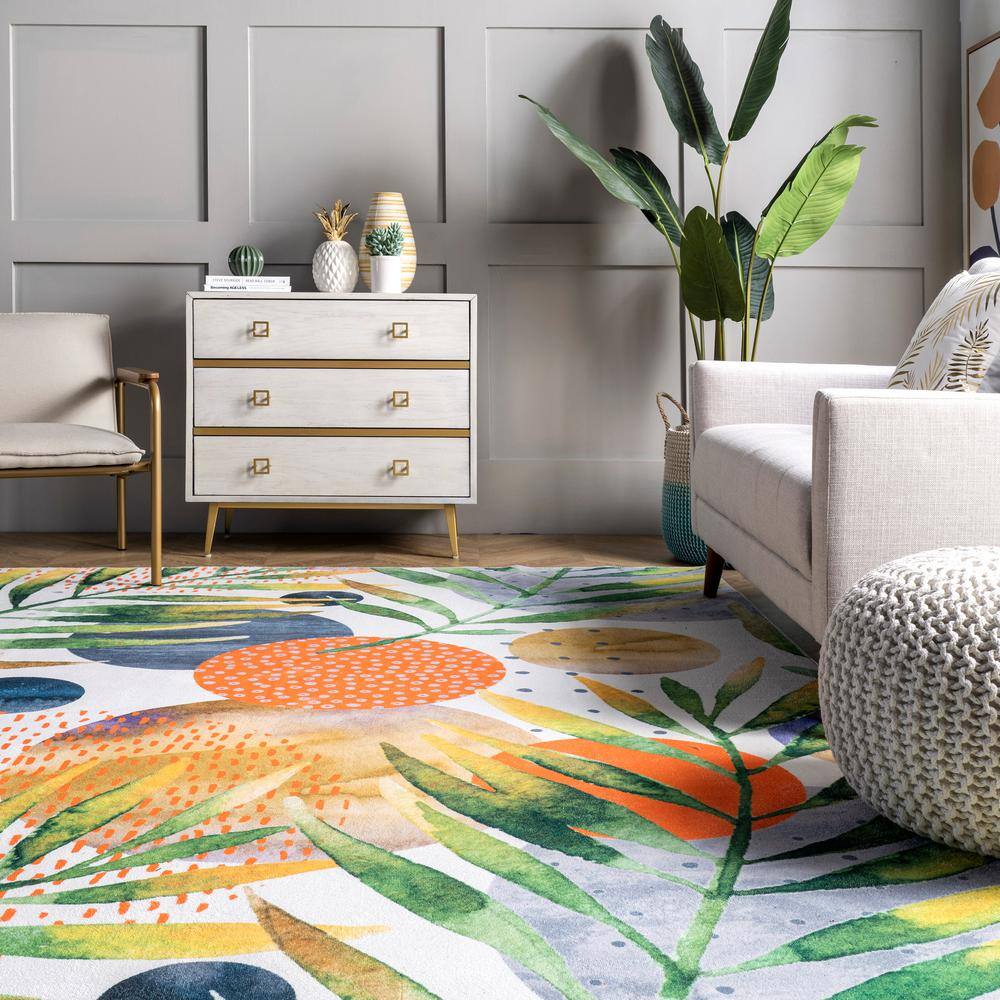 Amelia Multicolor Tropical Washable Rectangular Area Rug, 5' x 8'