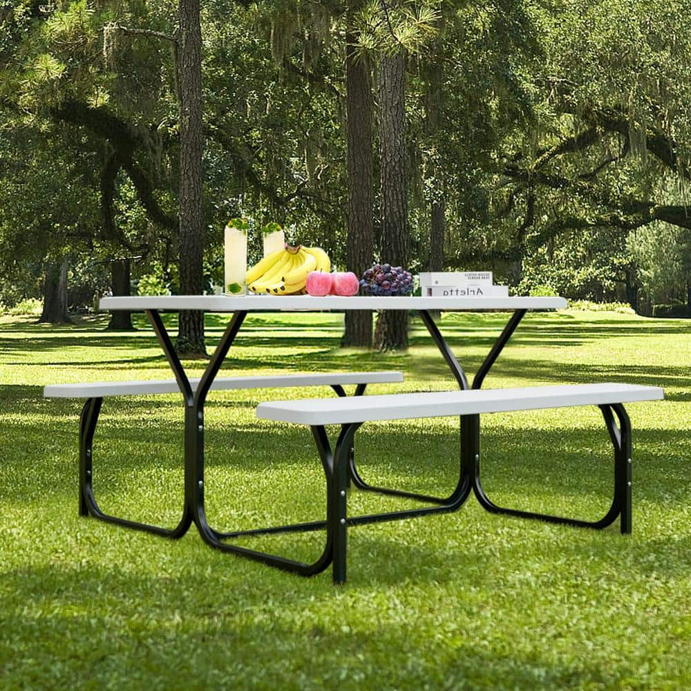 ANGELES HOME Rectangle All-Weather Resistant HDPE Steel Picnic Table ...