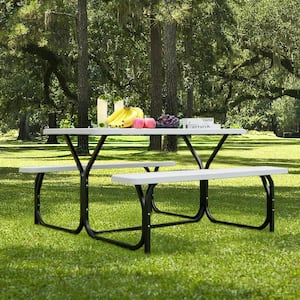 Rectangle All-Weather Resistant HDPE Steel Picnic Table Bench Set in White for Outdoor Gatherings