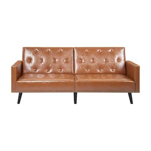 76.37 in W Caramel Faux Leather Convertible Tufted Split Back Futon Sofa, 2-Seat Futon Convertible Sofa Bed