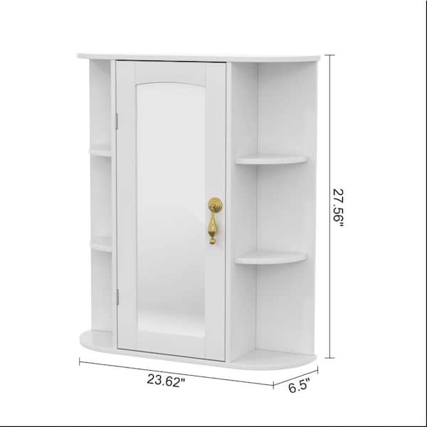 27.56 in. Wall-Mounted Medicine Cabinet with Mirror, 6 Open Shelves and Adjustable Shelf, Modern Bathroom Storage, White