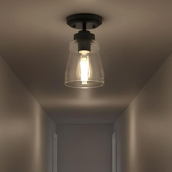 5 in. 1-Light Black Farmhouse Semi Flush Mount Ceiling Light with Clear Glass Shade, Rustic Light for Bedroom, Hallway