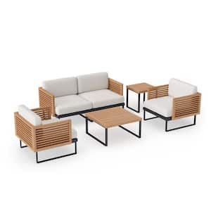 Monterey 4-Seater 5-Piece Aluminum Teak Outdoor Patio Conversation Set With Canvas Natural Cushions