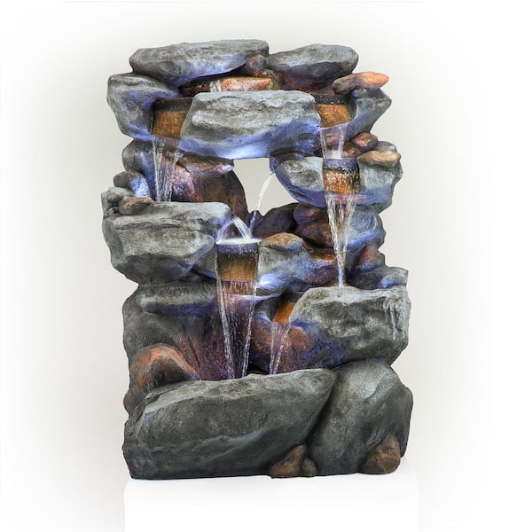 Alpine Corporation 54 in. Tall Indoor/Outdoor 5-Tier Waterfall Rock Fountain with LED Lights