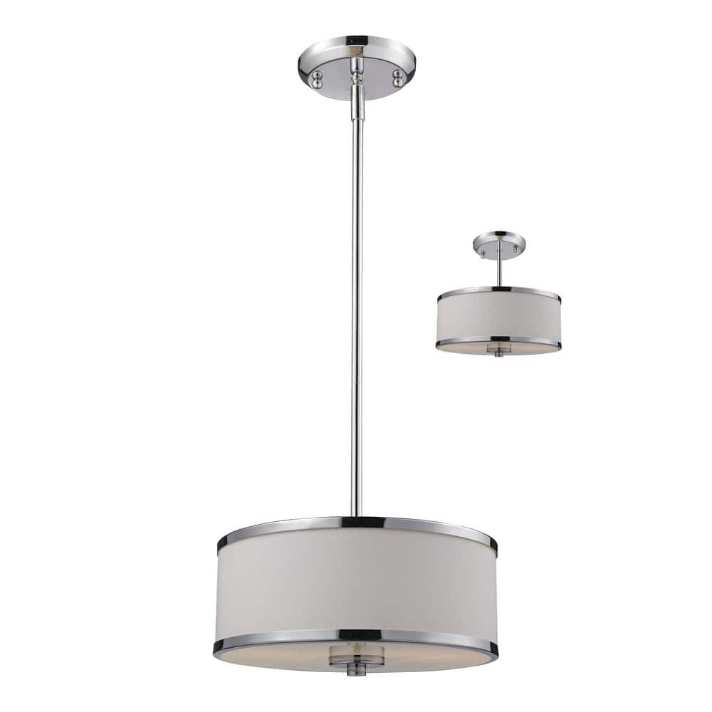 Cameo 2 Light Chrome Shaded Pendant Light With White Linen Fabric Shade wit