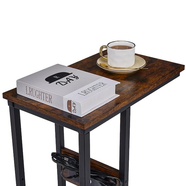 11 in. W. Brown C-Shaped End Side Couch Table Snack Style for Living Room, Sofa, Wood TV Tray with USB Ports and Outlets
