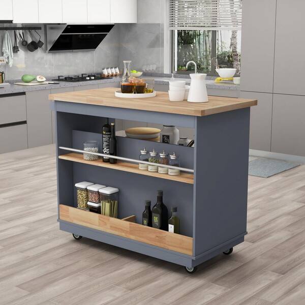 Blue Cart Rolling Mobile Kitchen Island, Real Wood Kitchen Island Cart