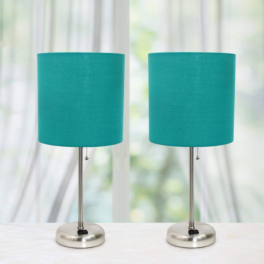 Teal Fabric Shade Brushed Steel Stick Table Lamp Set with Charging Outlet