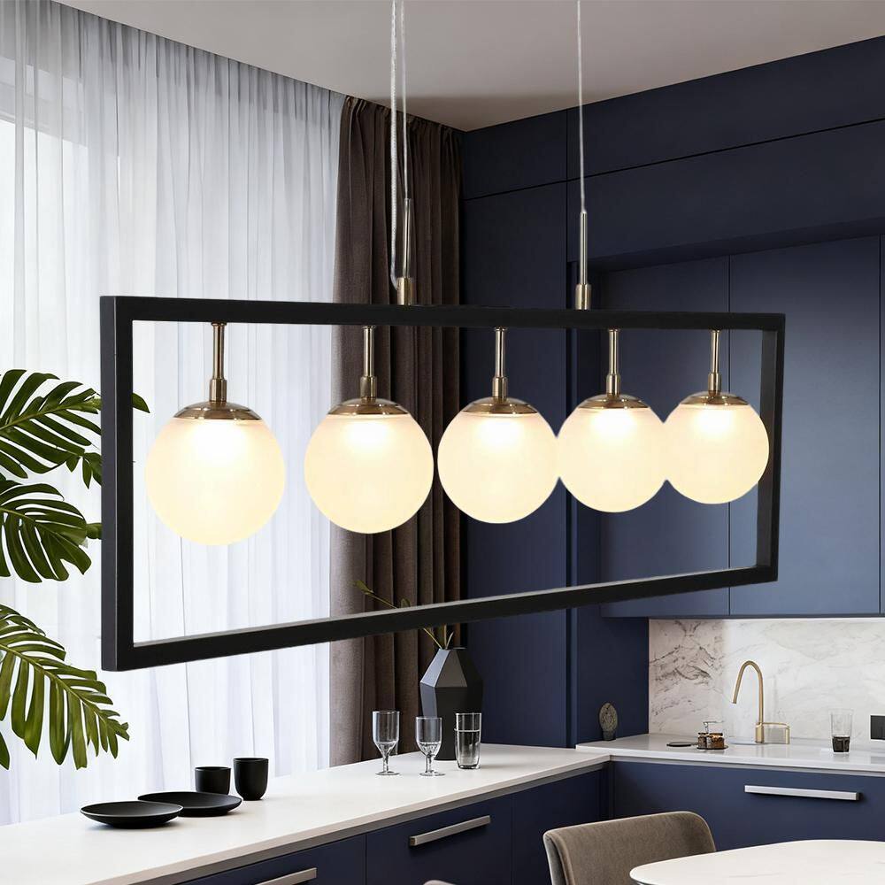 Industrial 28W 5-Light Integrated LED Brass&Black Linear Chandelier, Rectangle Hanging Pendant with Globe Frosted Glass price history on PriceWatchPro